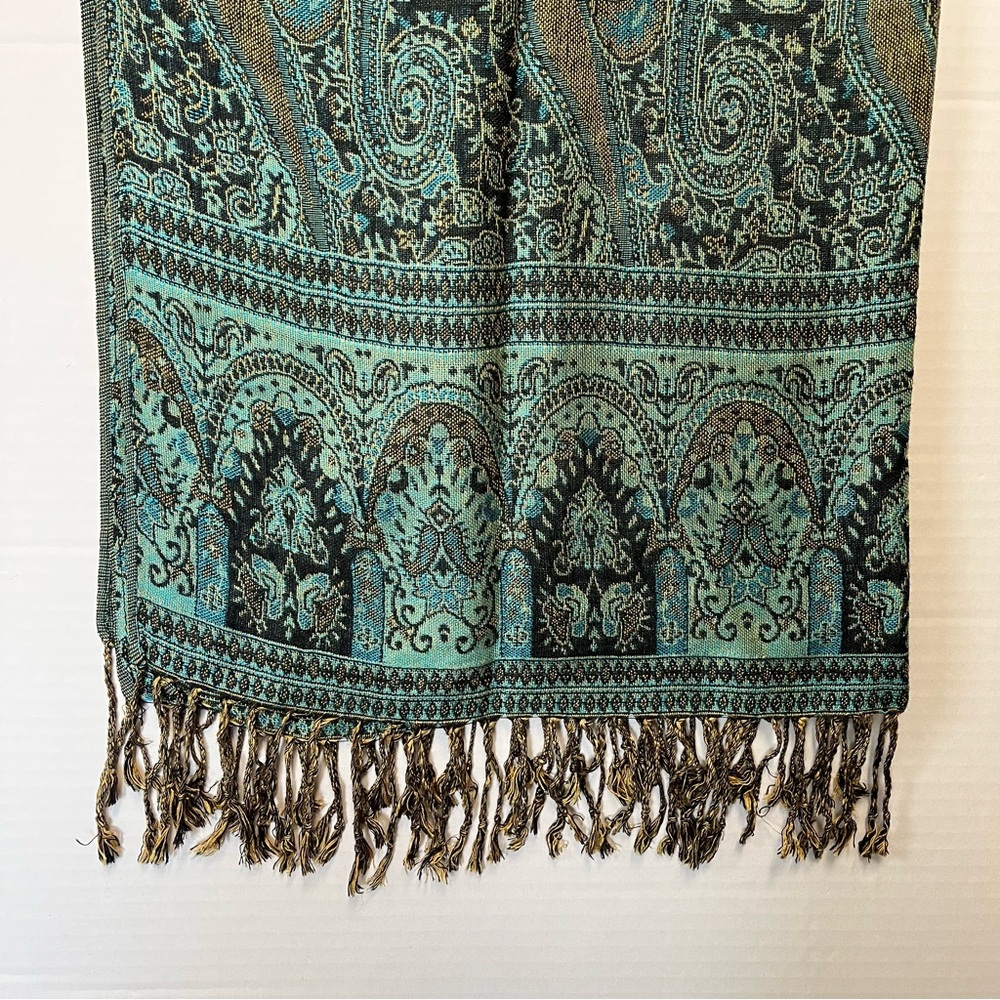Pashmina 100% Cashmere blue Paisley scarf wrap with fringe 28” x 77” - Picture 6 of 8